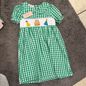 Green Checkered Kids Dress with Party Embroidery